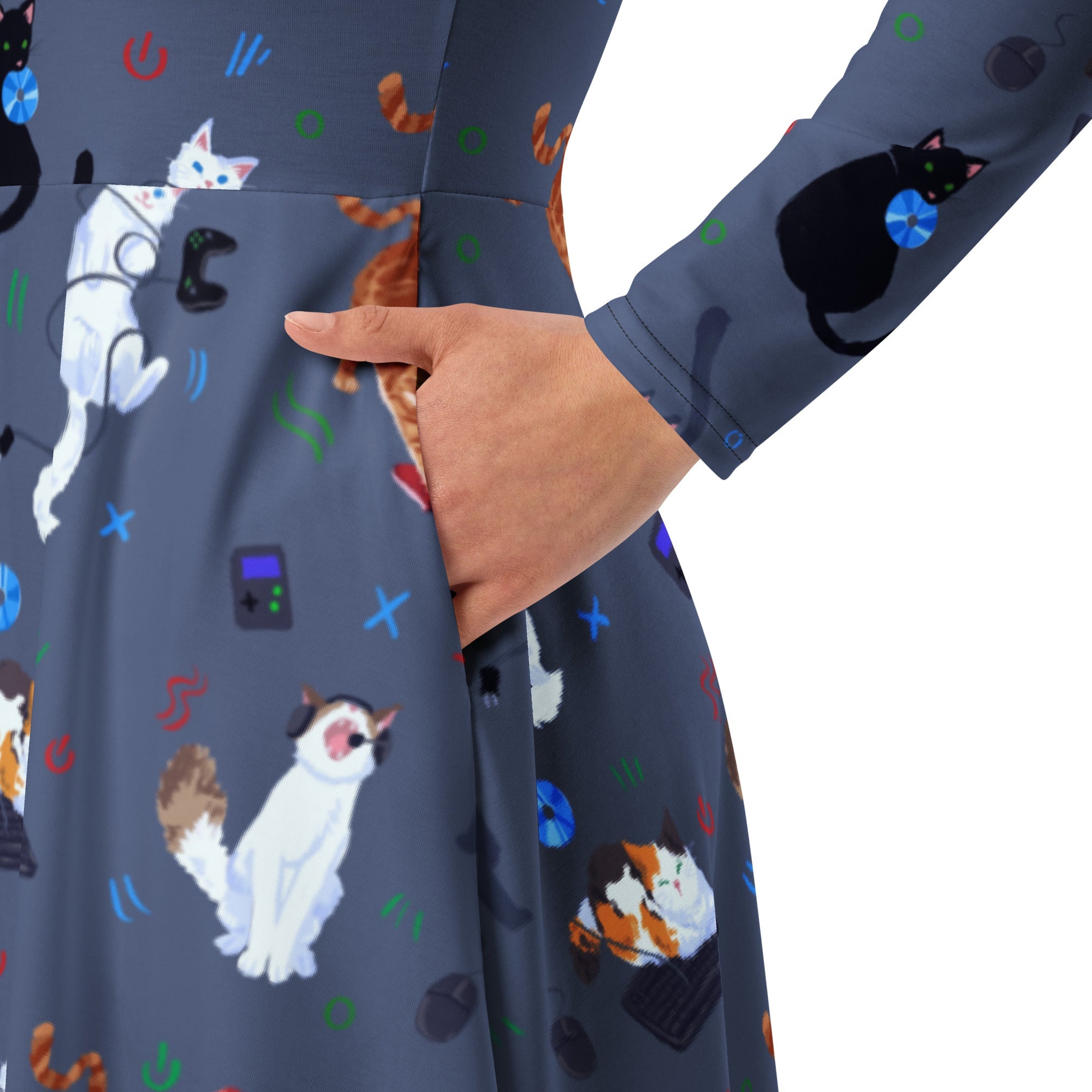 Nerdy Video Game Cats Light Long Sleeve Midi Dress