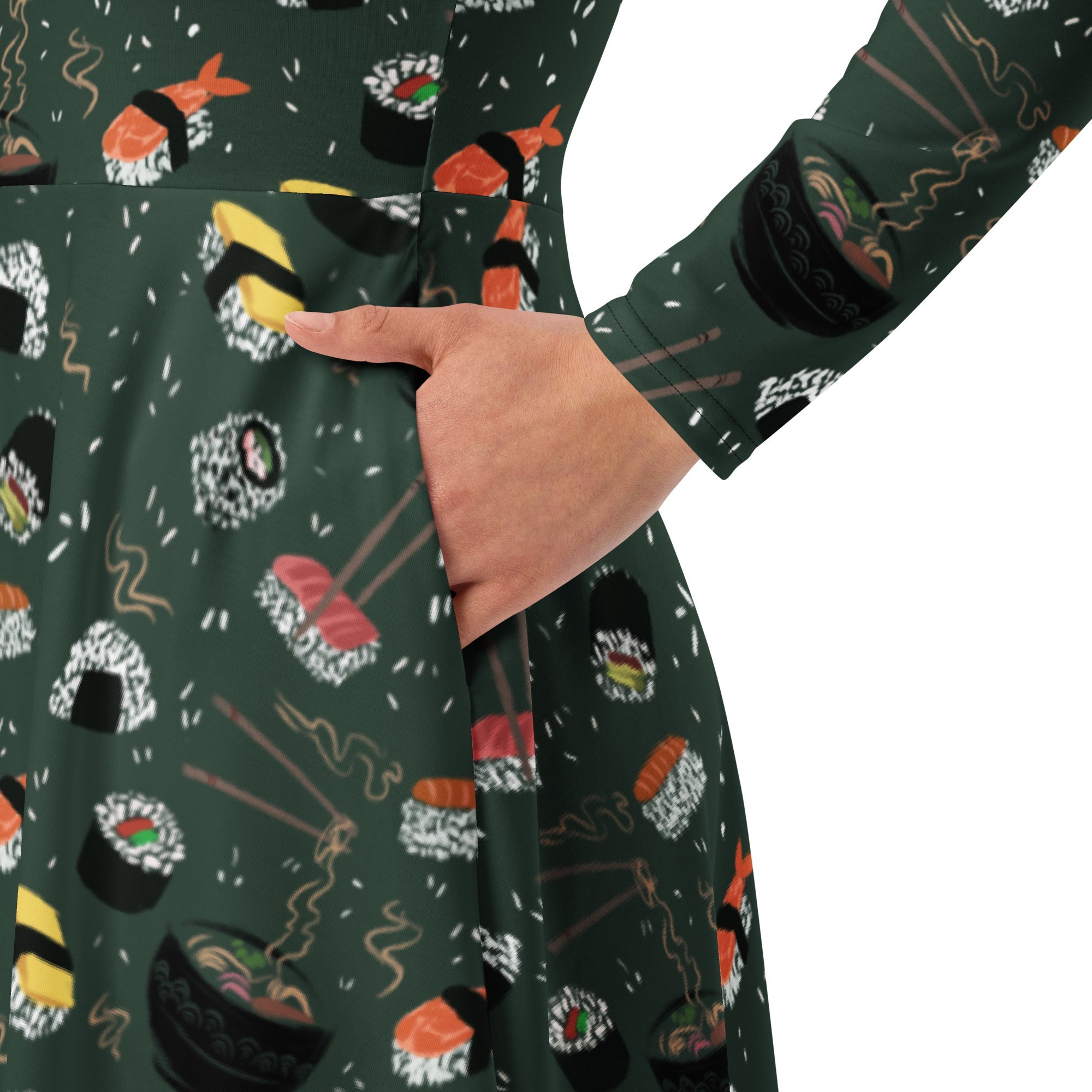 Nerdy Oishi Sushi Green Long Sleeve Midi Dress