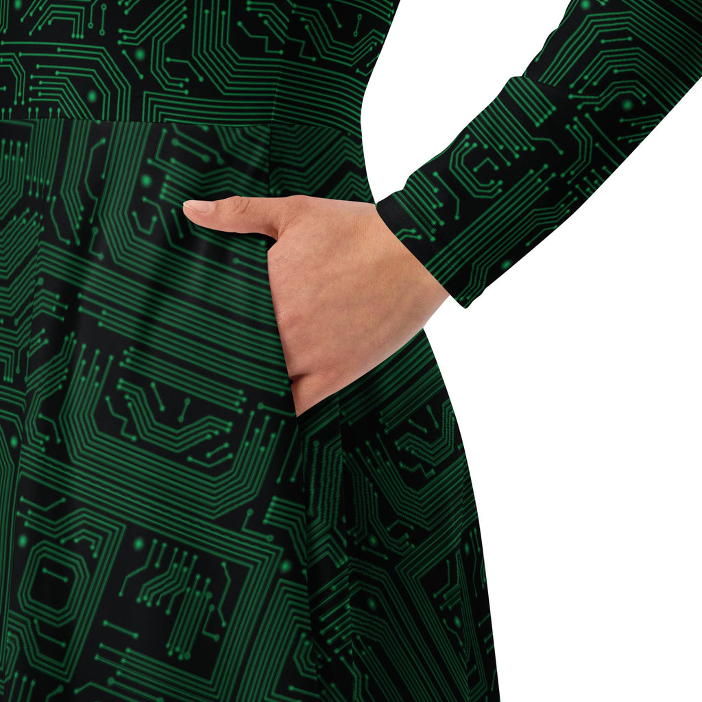 Nerdy Green Computer Circuits Long Sleeve Midi Dress