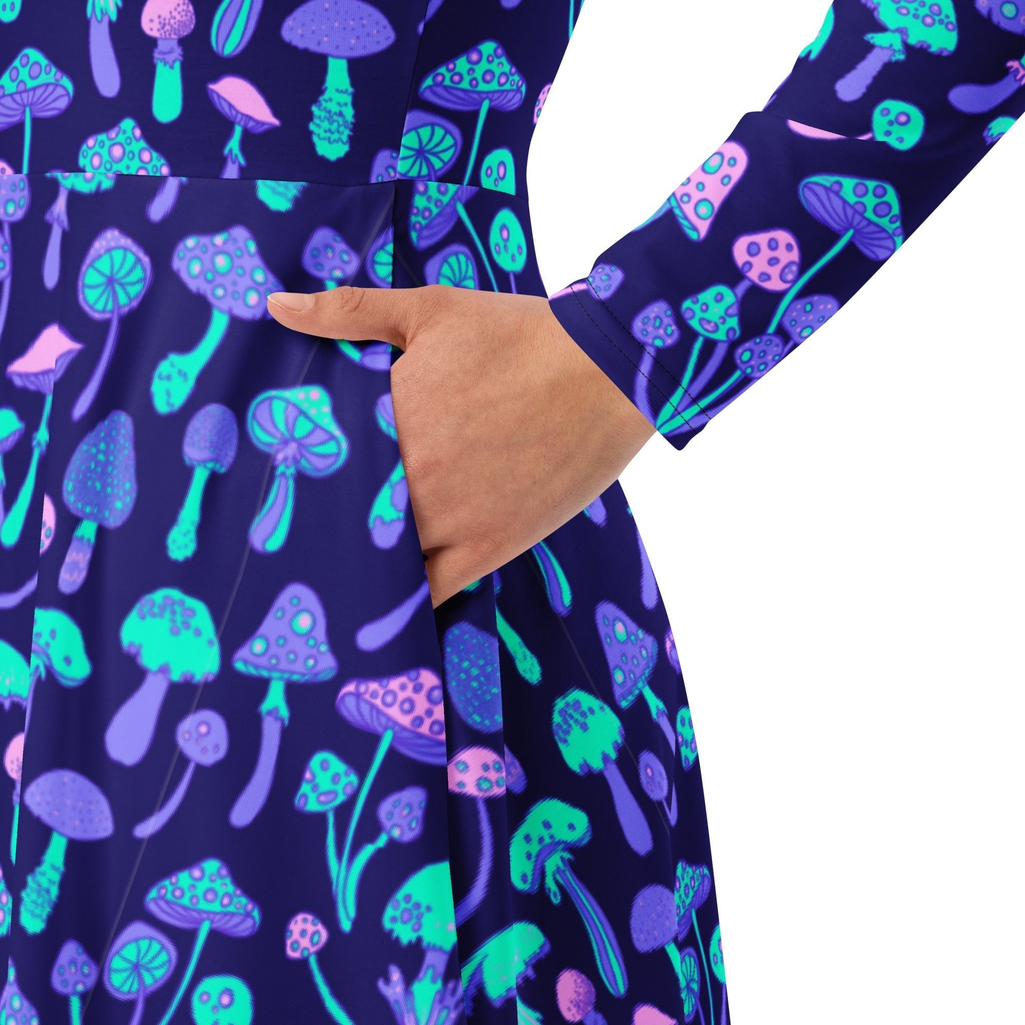 Nerdy Psychedelic Mushrooms Long Sleeve Midi Dress