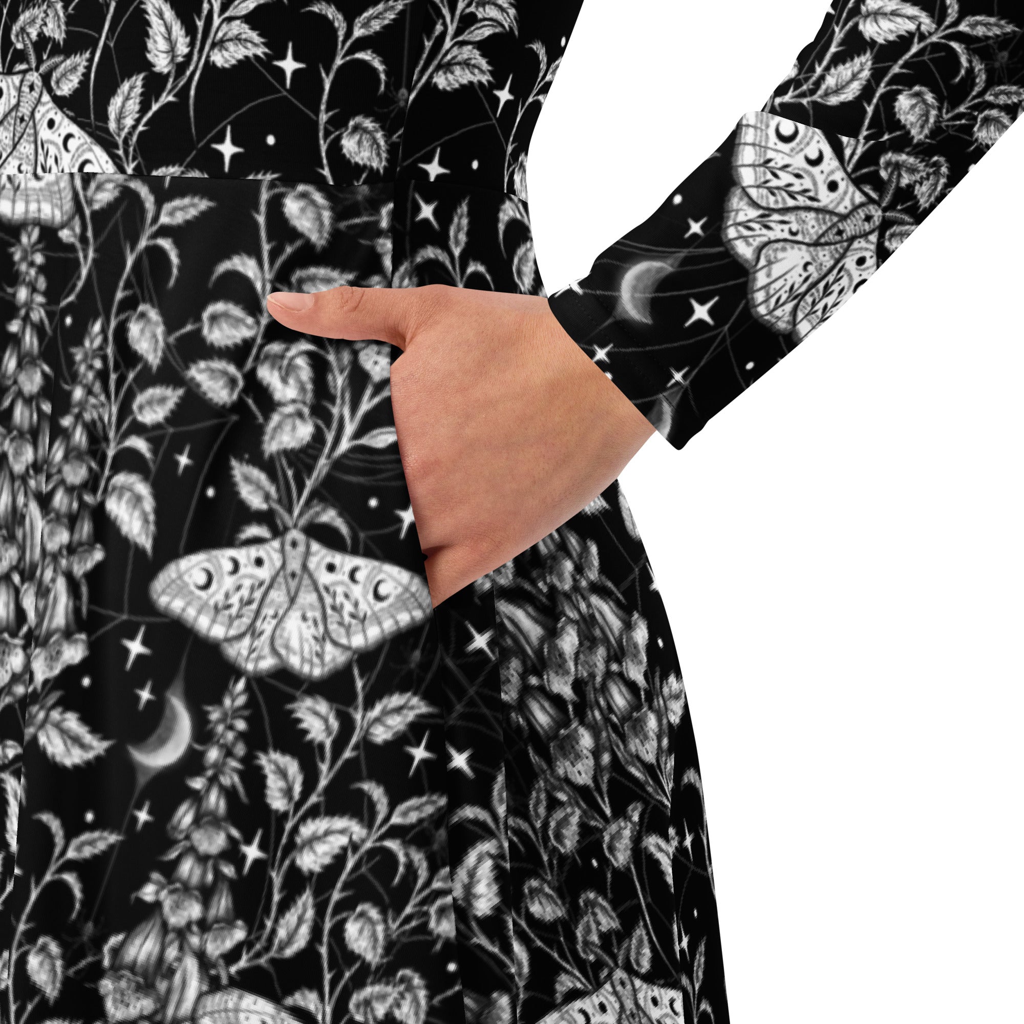 Nerdy Episodic Moth Black White Night Long Sleeve Midi Dress