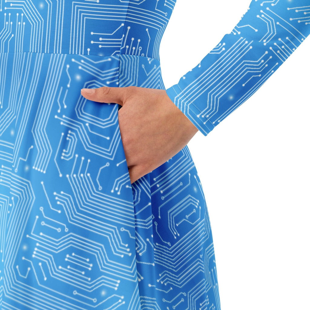 Nerdy Blue Computer Circuit Board Long Sleeve Midi Dress