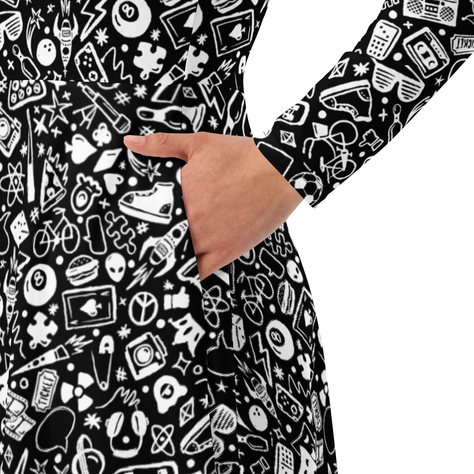 Nerdy Nerdy Doodles Black Long Sleeve Midi Dress