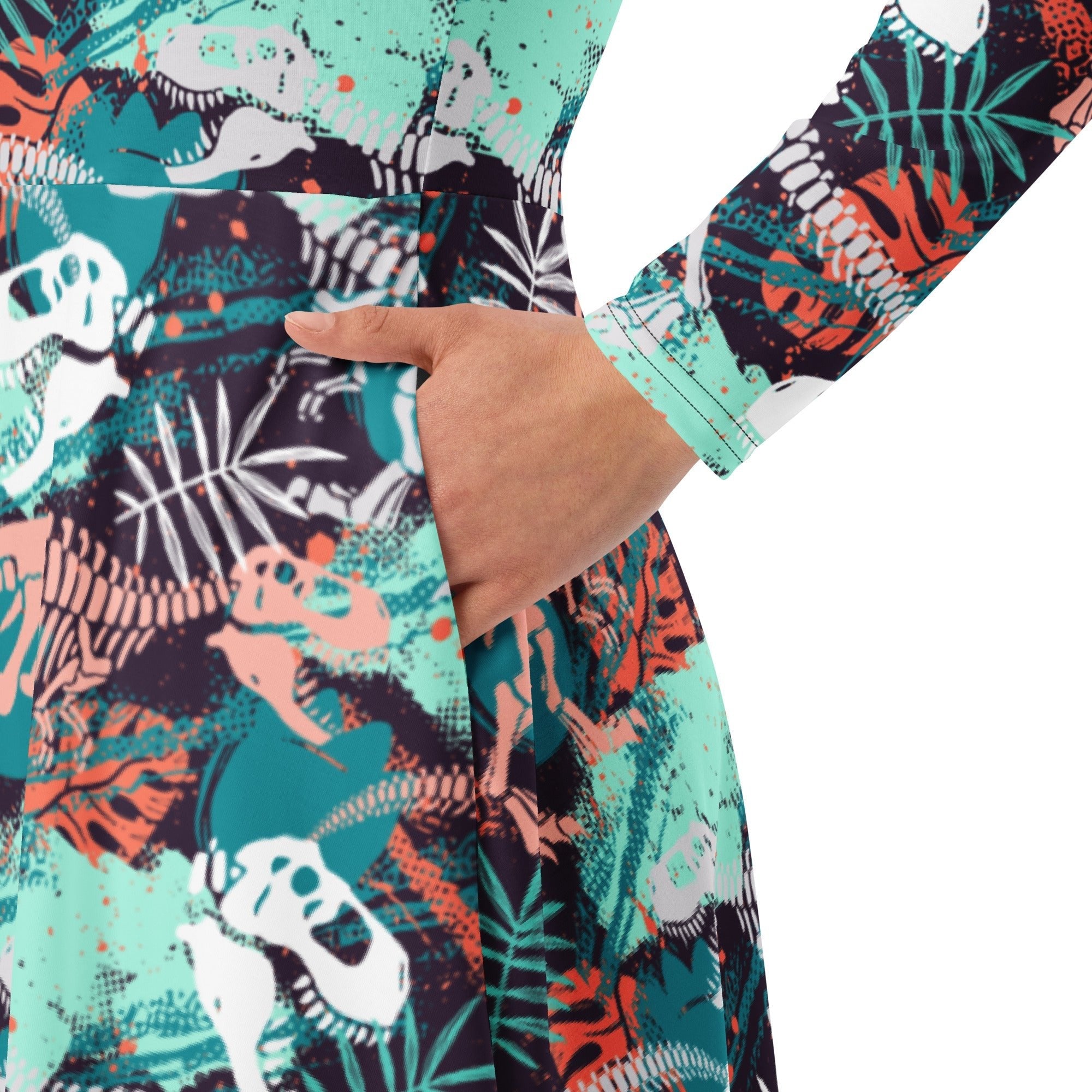 Nerdy T - Rex Bones Footprints Green Long Sleeve Midi Dress