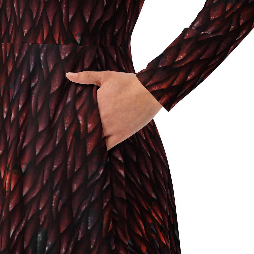 Nerdy Red Dragon Scales Dnd Long Sleeve Midi Dress