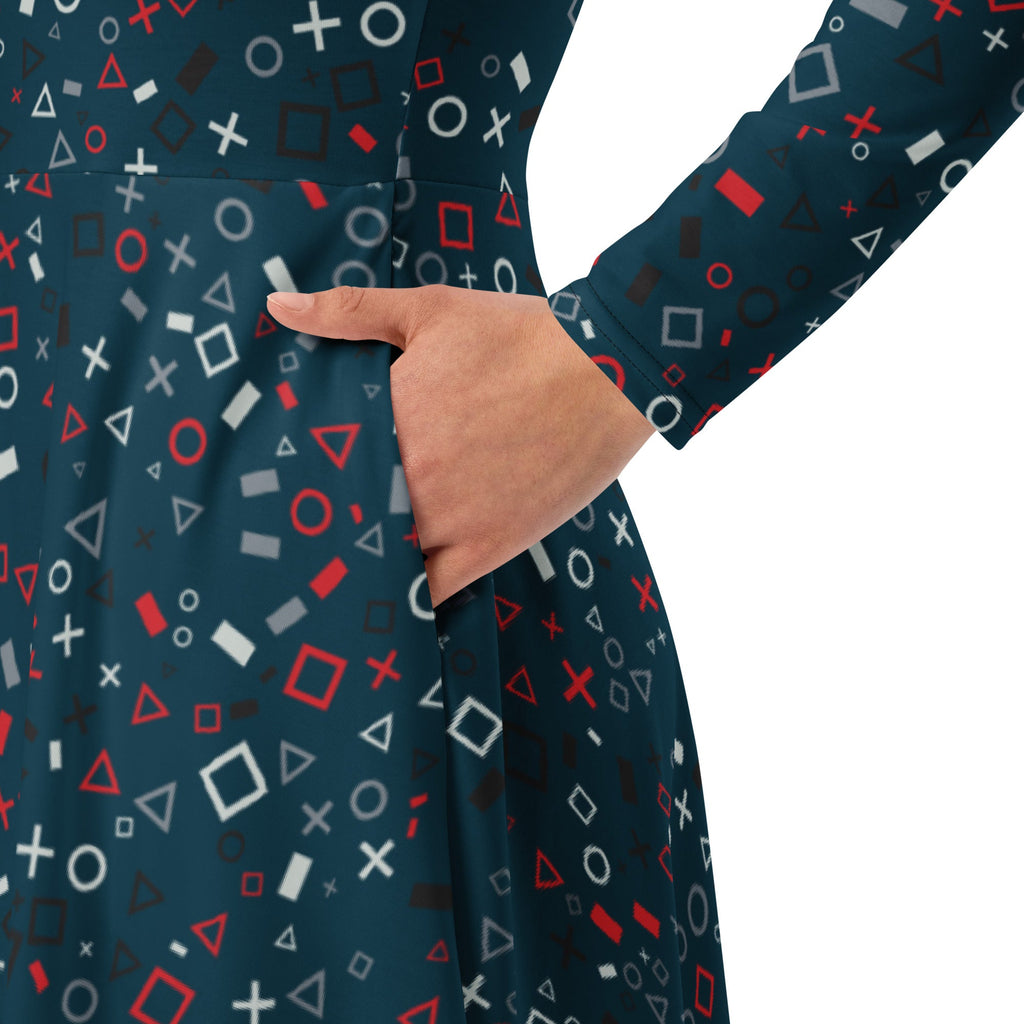 Nerdy Controller Gamepad Icons Teal Video Game Long Sleeve Midi Dress