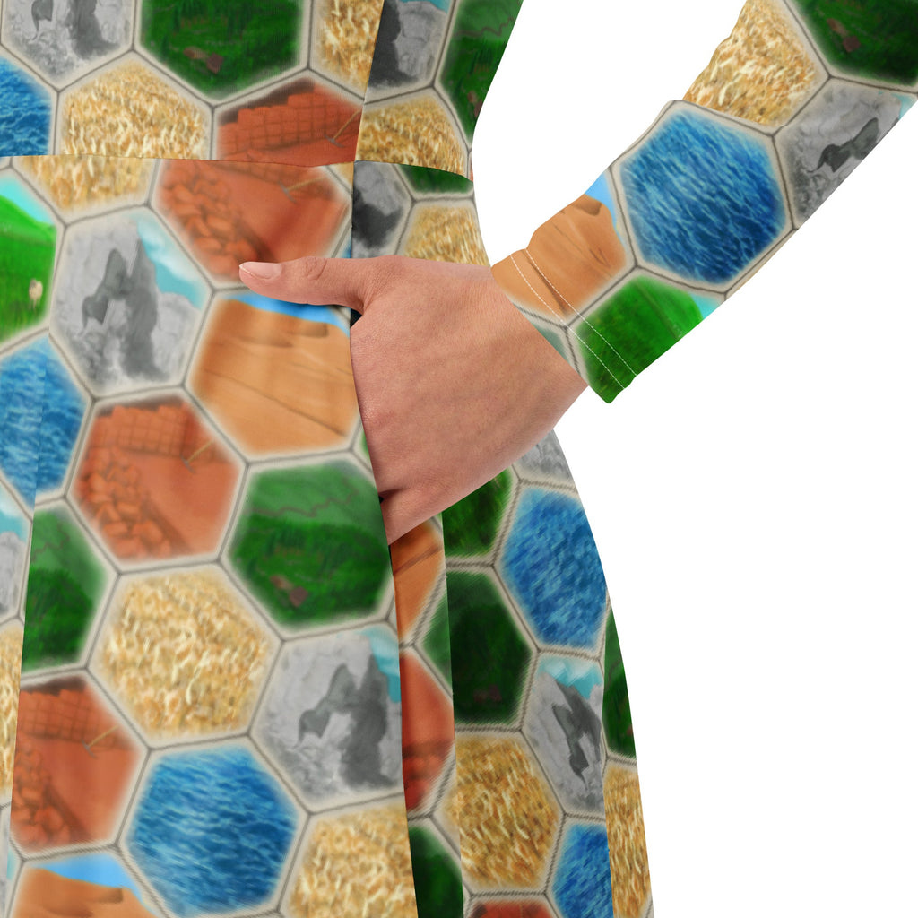 Nerdy Hexagon Tile Board Game Long Sleeve Midi Dress