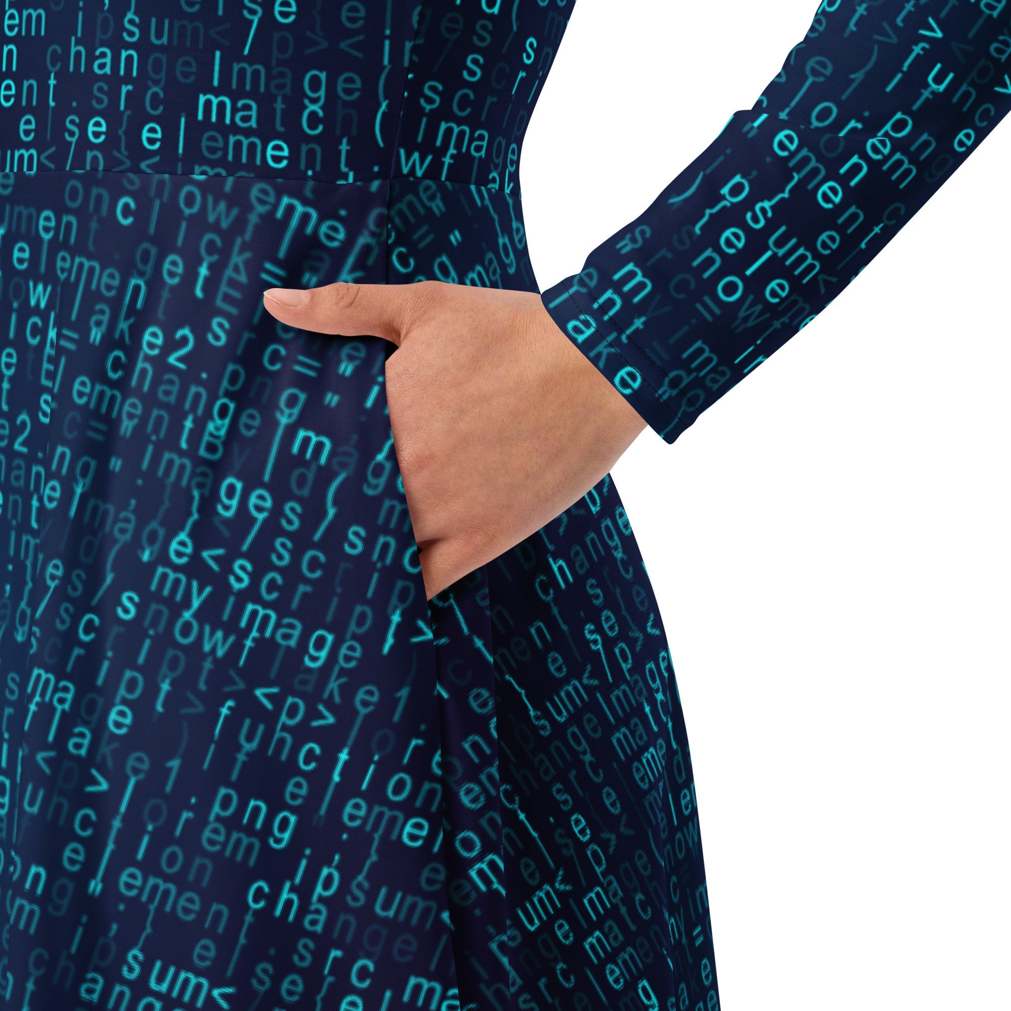 Nerdy Javascript Computer Code Blue Long Sleeve Midi Dress