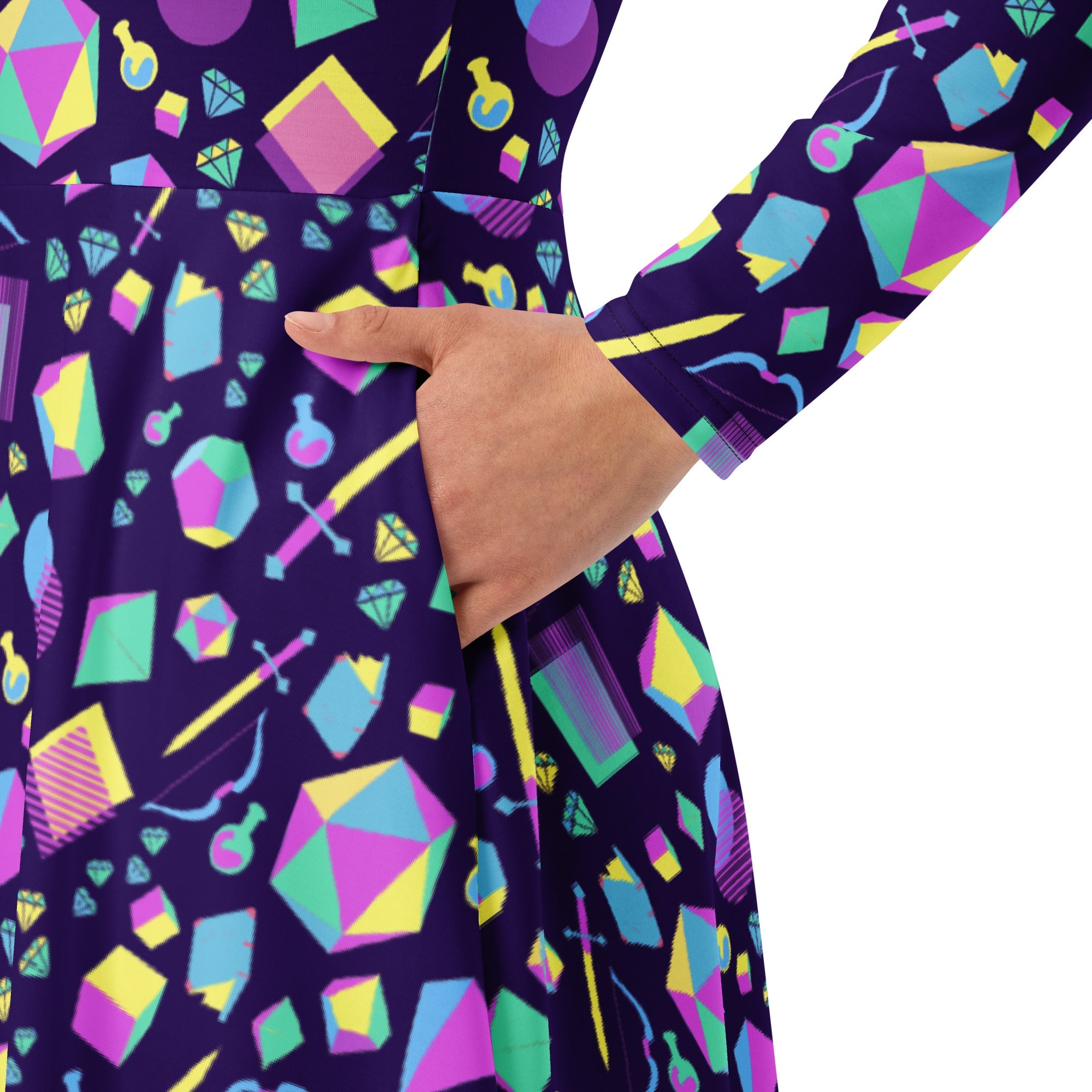 Nerdy Tabletop RPG Weapons Items Purple Blue Dnd Long Sleeve Midi Dress