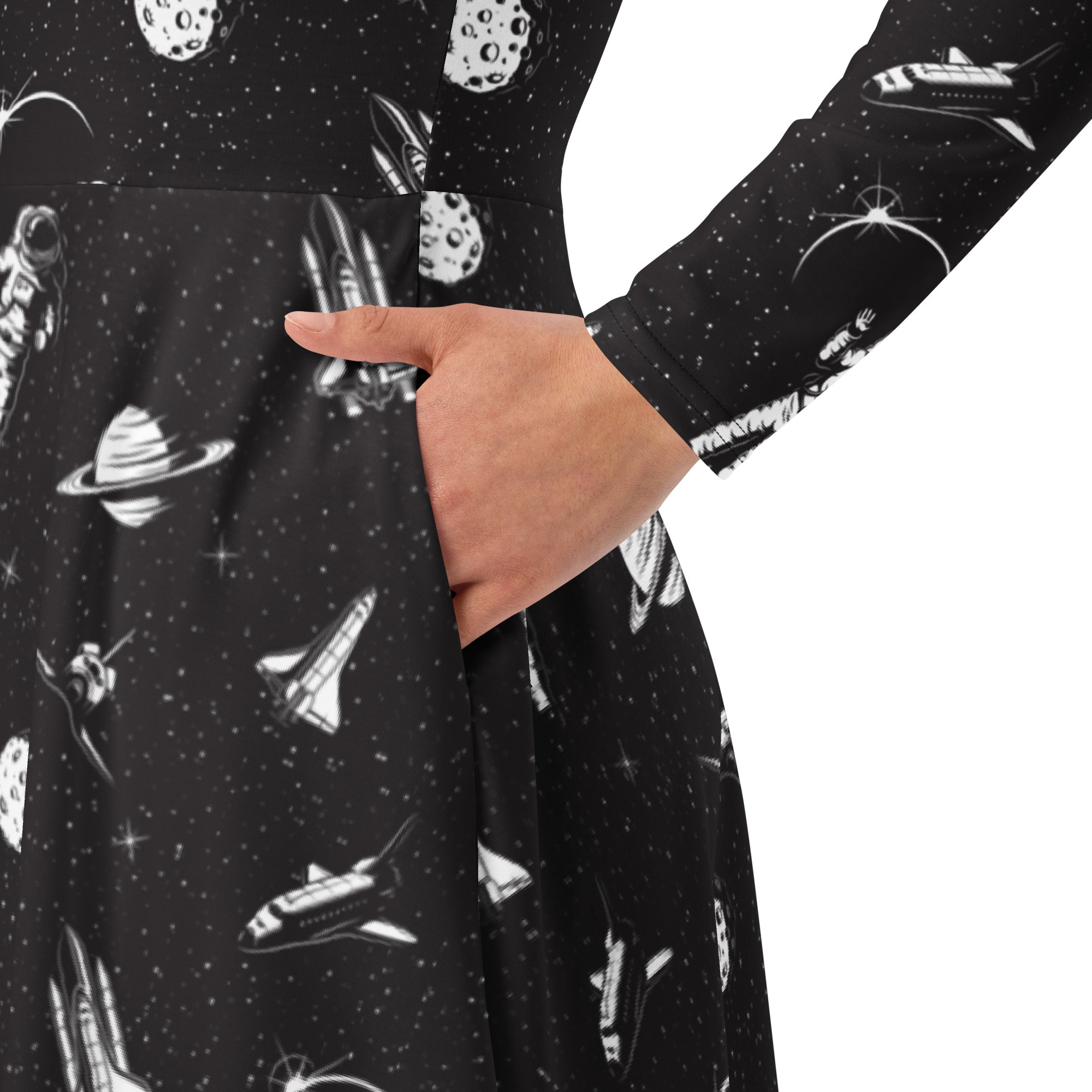 Nerdy Space Mission Black Outer Space Long Sleeve Midi Dress
