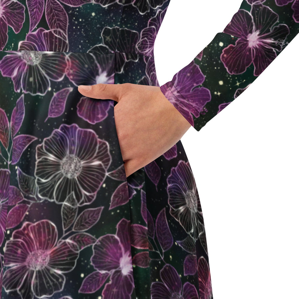 Nerdy Hawaiian Blooms Space Long Sleeve Midi Dress