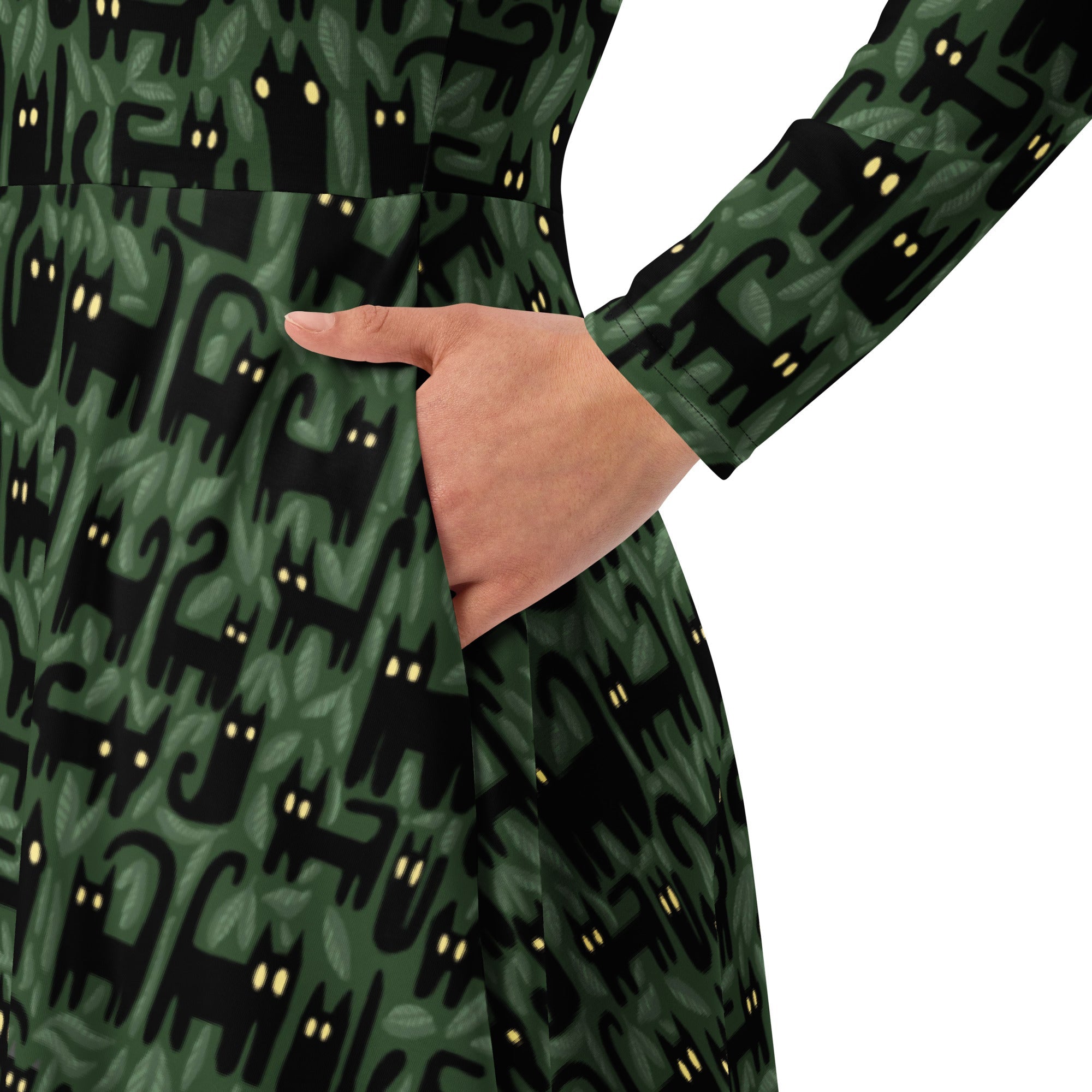 Nerdy Cats in the Leaves Long Sleeve Midi Dress