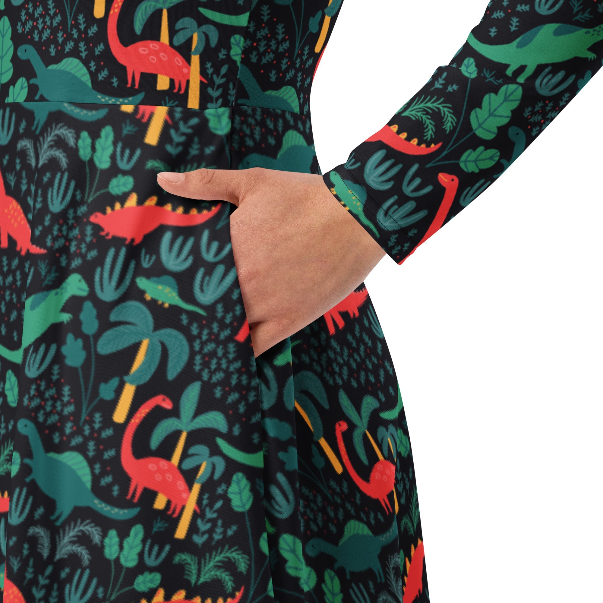 Nerdy Tropical Dinosaur Green Aloha Long Sleeve Midi Dress