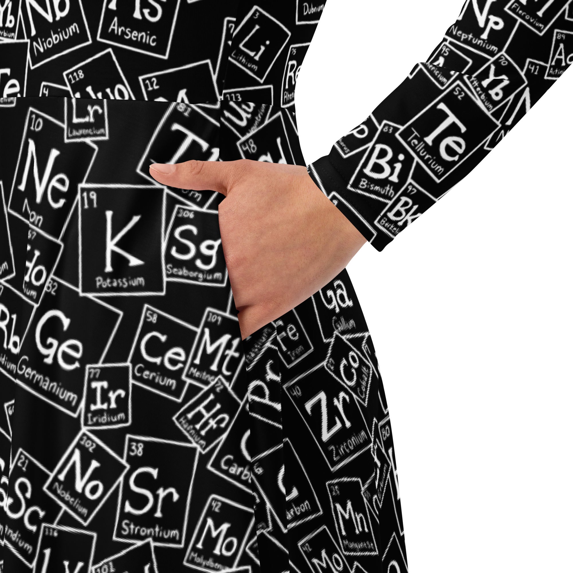 Nerdy Periodic Table BW Long Sleeve Midi Dress