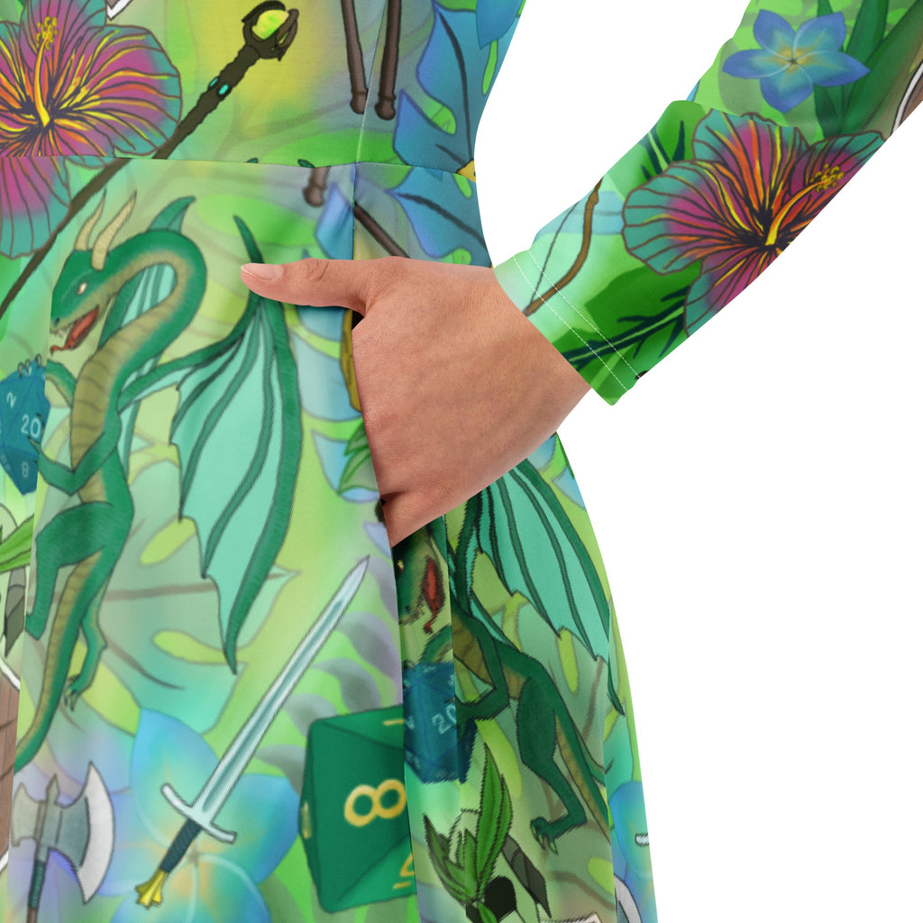 Nerdy Green Dragon Encounter Dnd Long Sleeve Midi Dress