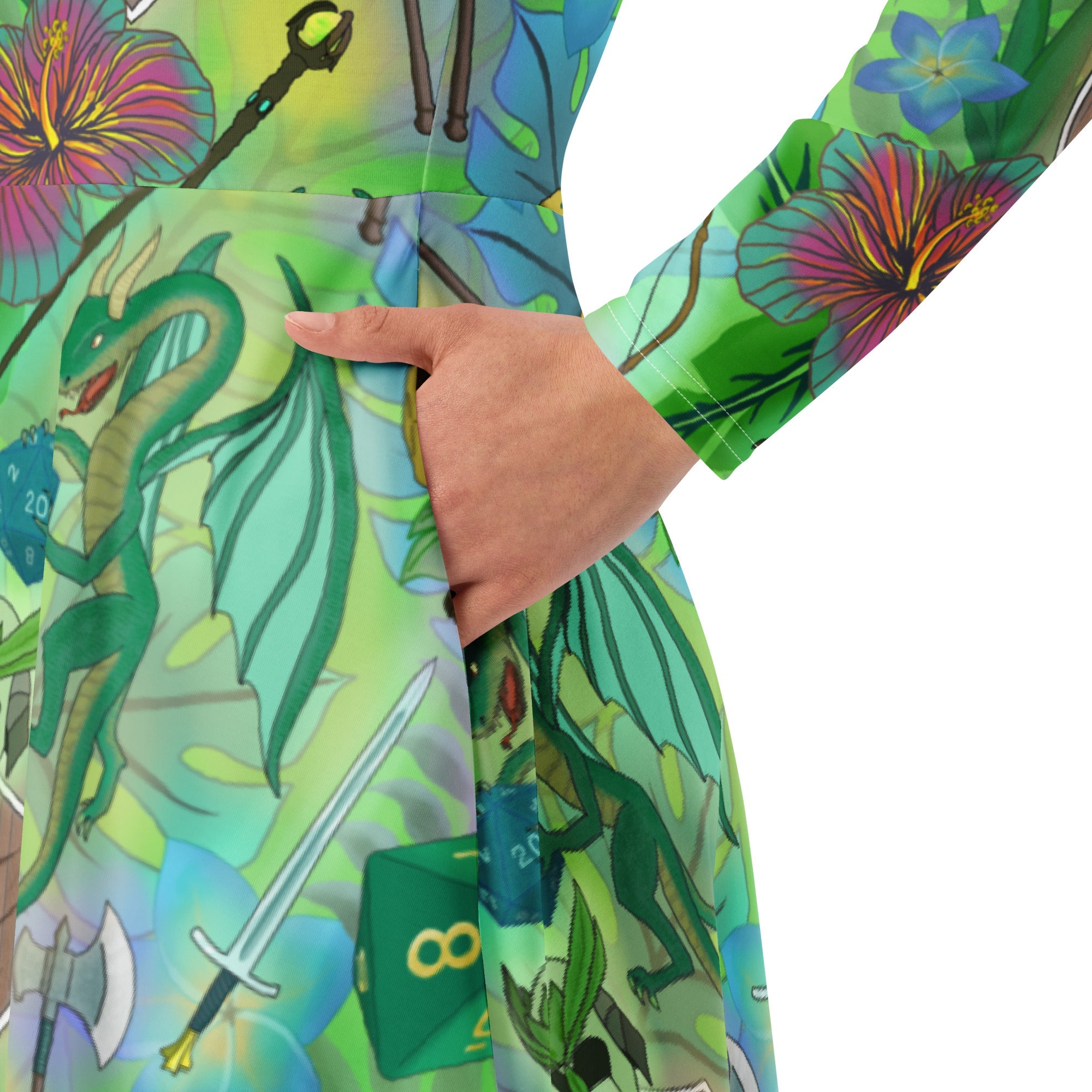 Nerdy Green Dragon Encounter Dnd Long Sleeve Midi Dress