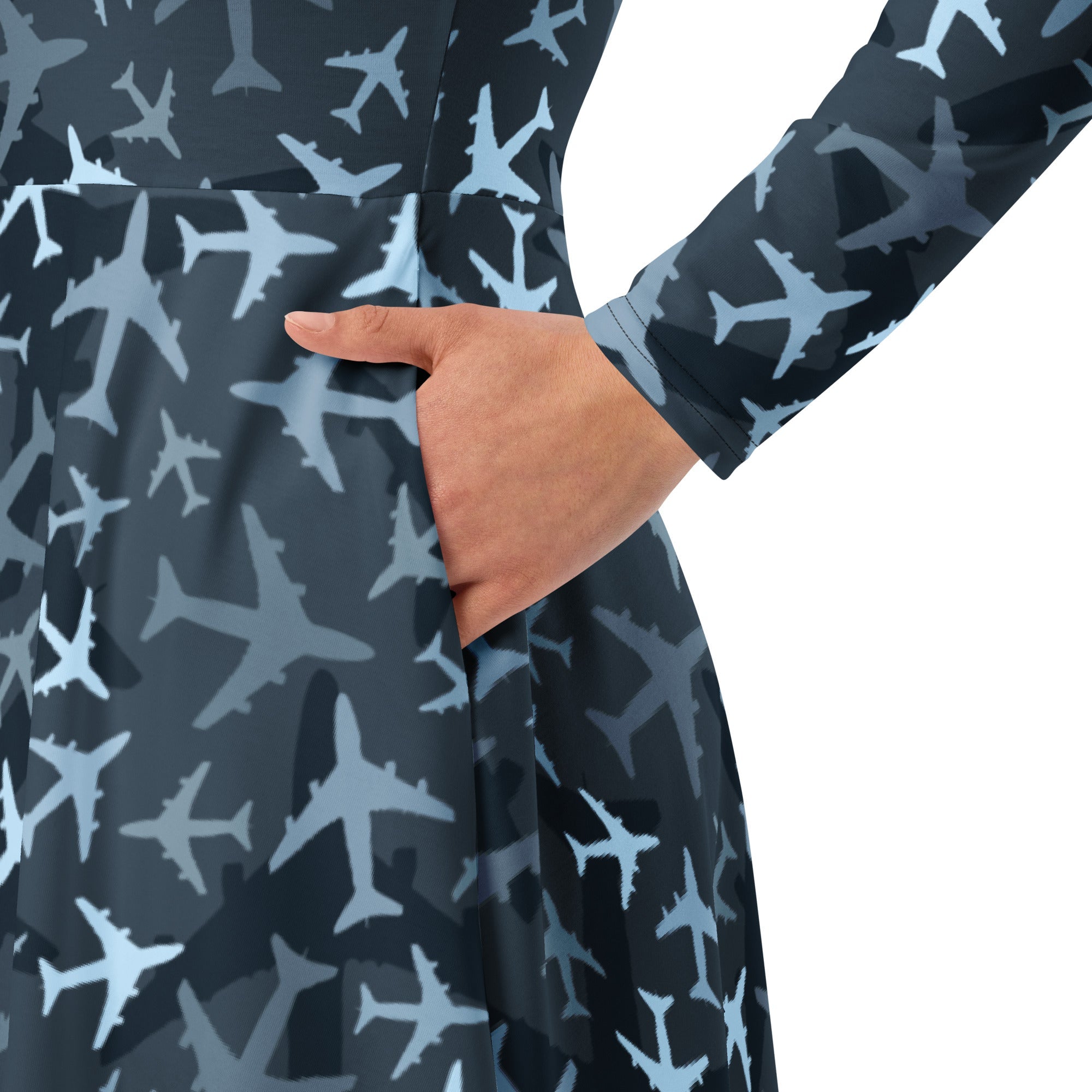 Nerdy Airplanes Blue Camouflage Blue Long Sleeve Midi Dress