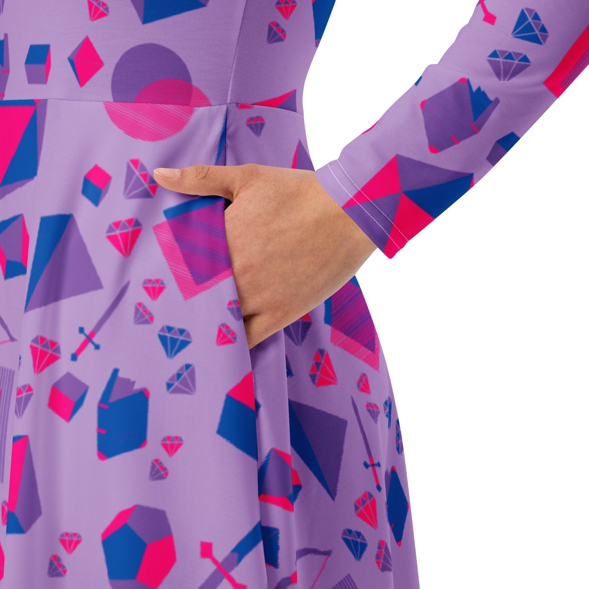 Nerdy Pink Blue and Bisexual Colors Tabletop RPG Items Dnd Long Sleeve Midi Dress