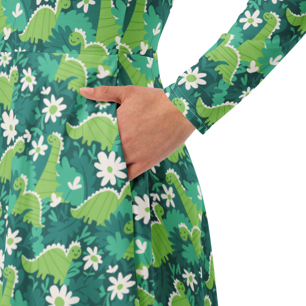 Nerdy Dinosaur Smiles Flowers and Leaves Long Sleeve Midi Dress