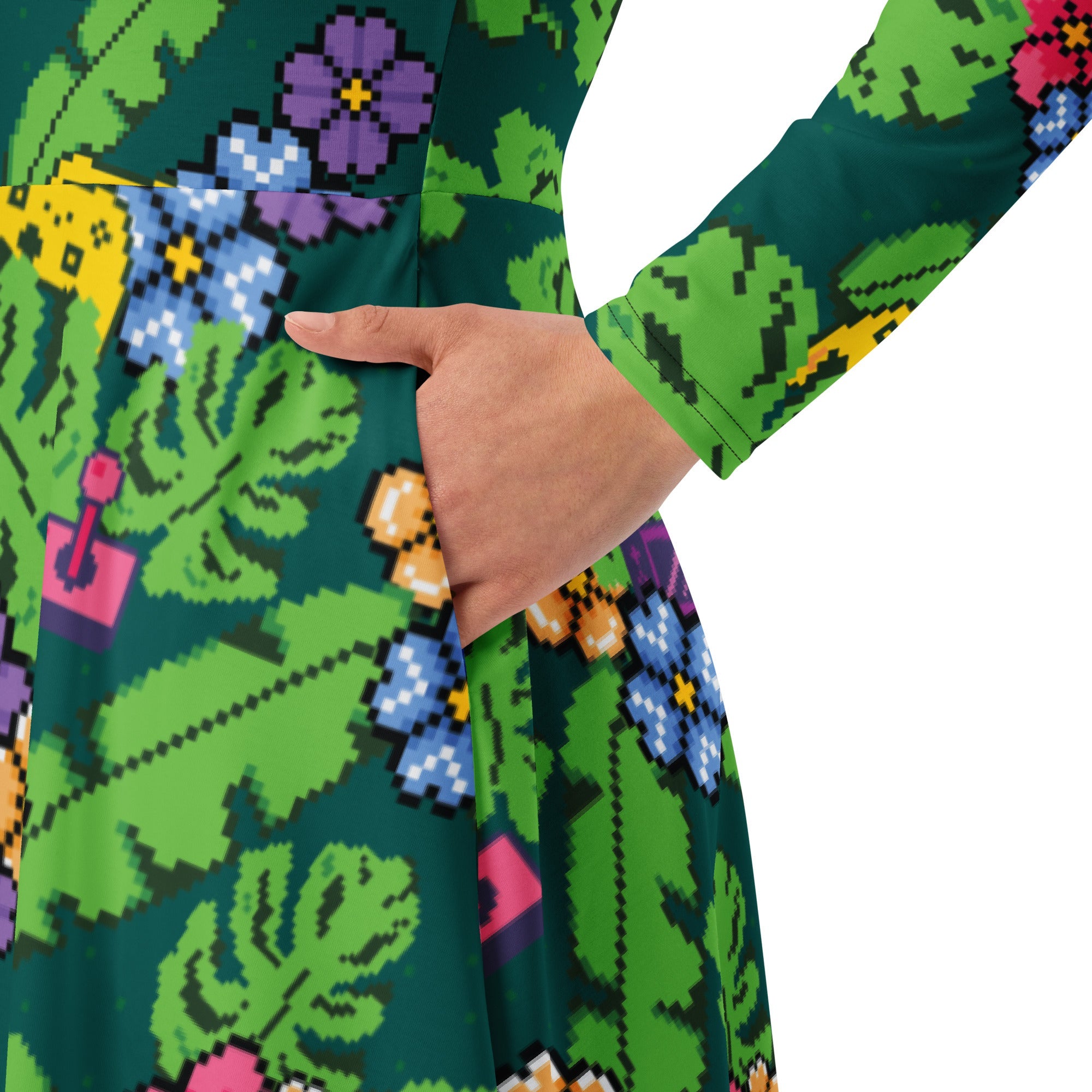 Nerdy Tropical Video Game Pixels Long Sleeve Midi Dress