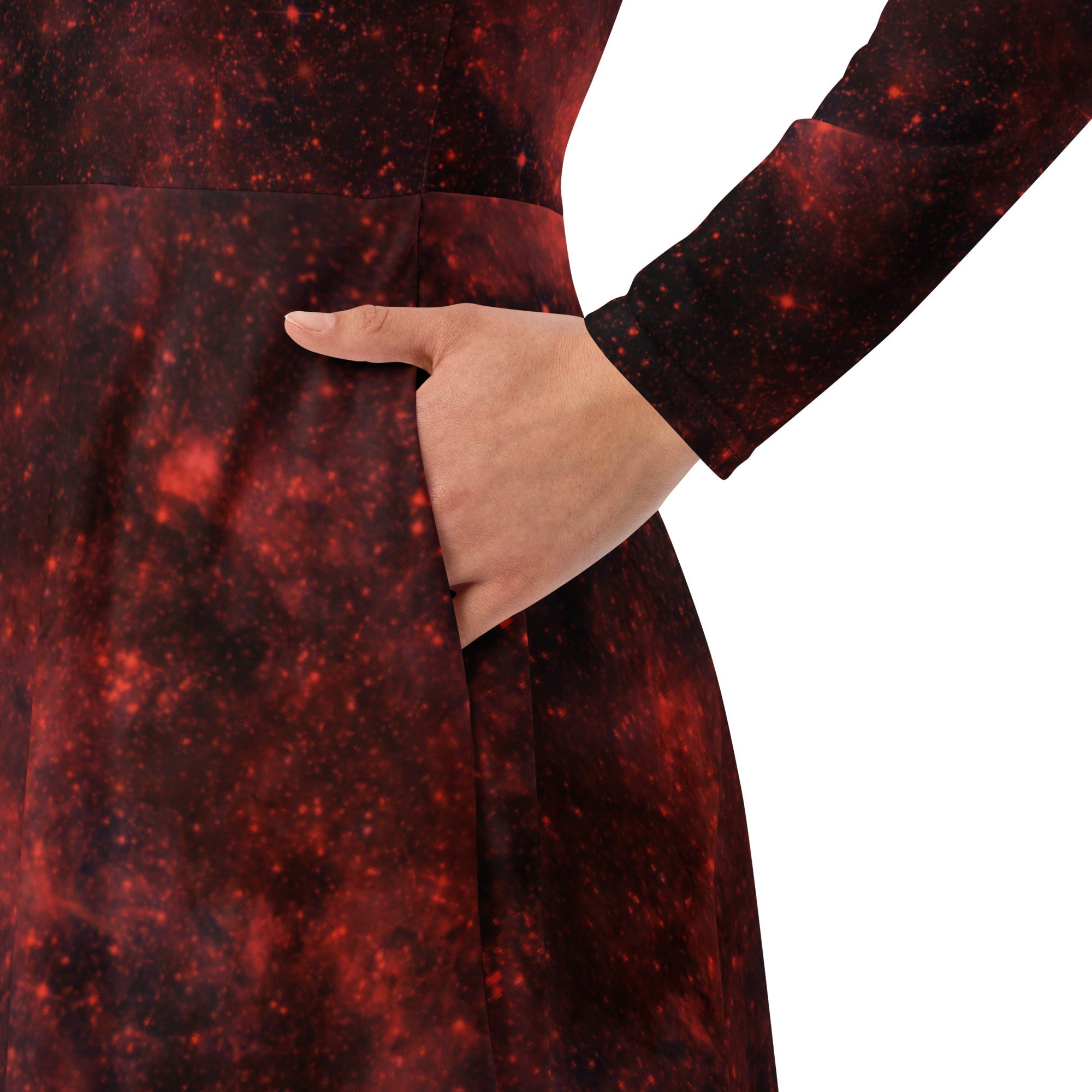 Nerdy Red Nebula Space Long Sleeve Midi Dress