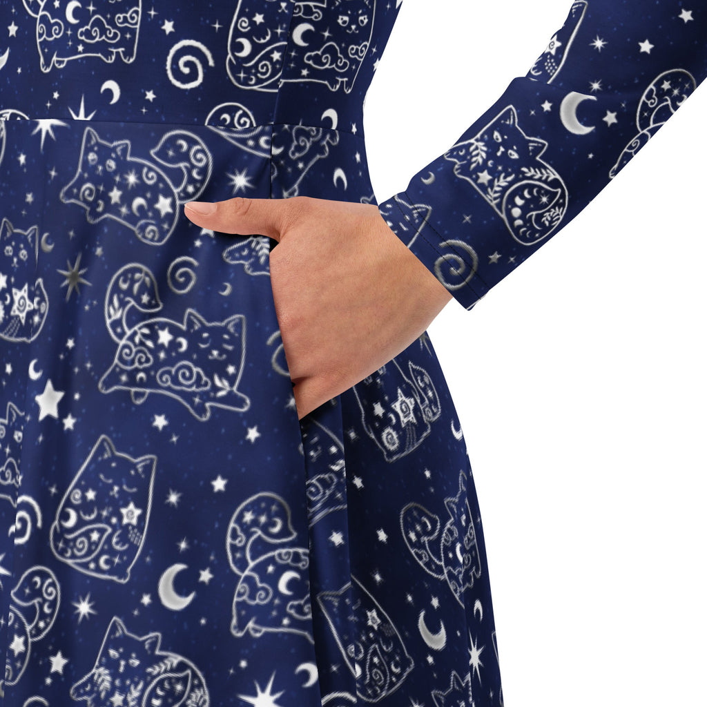 Nerdy Star Cats Long Sleeve Midi Dress