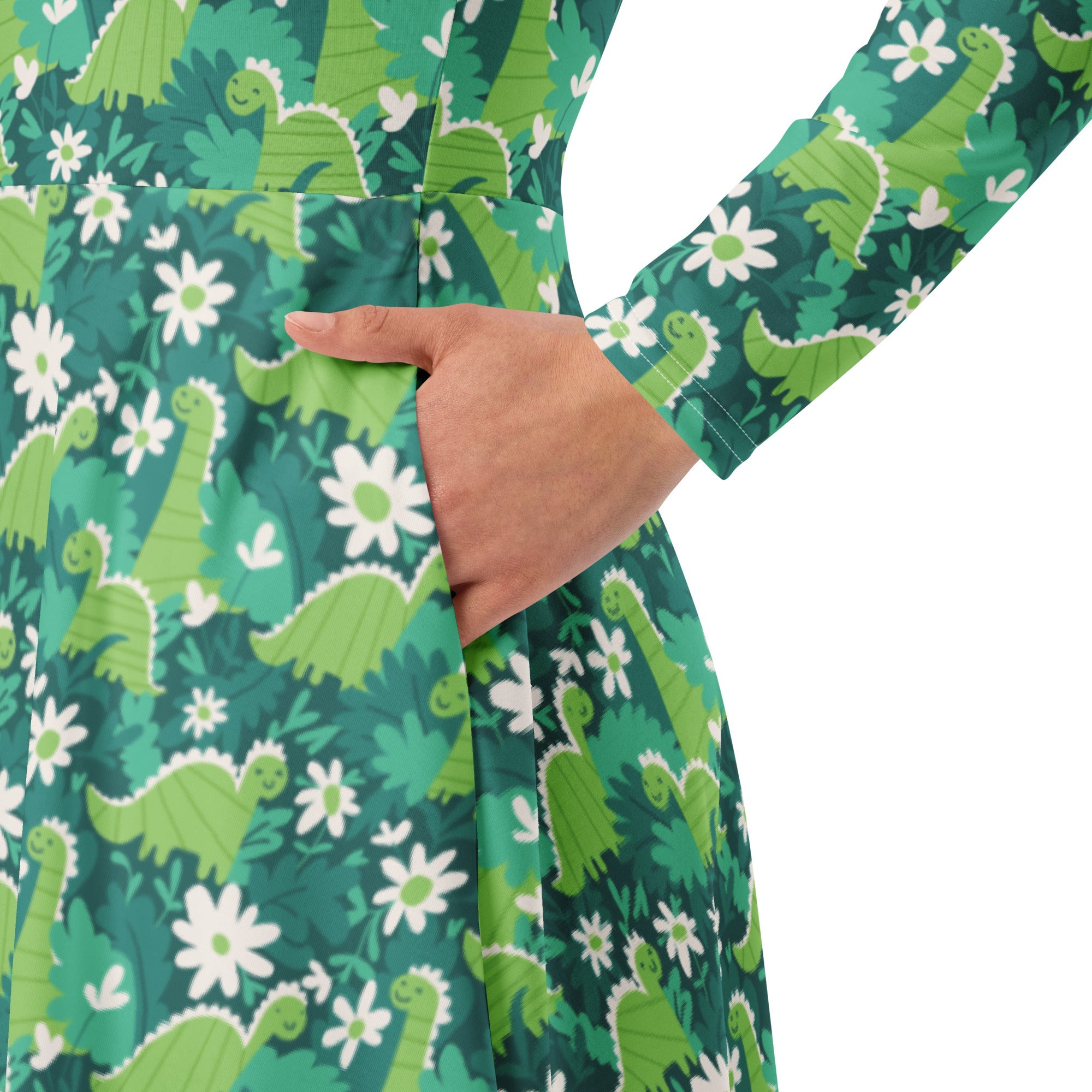 Nerdy Dinosaur Smiles Flowers and Leaves Long Sleeve Midi Dress