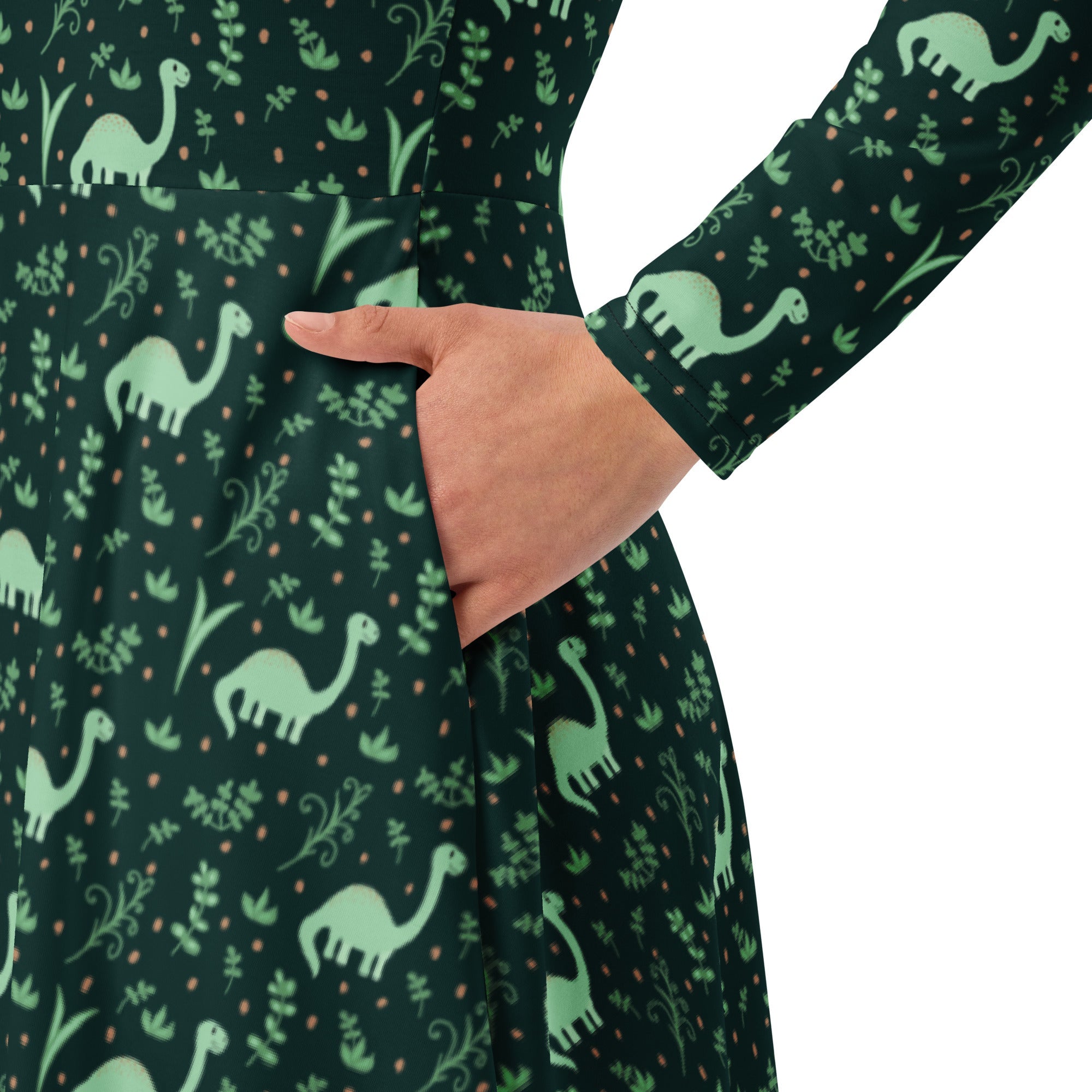 Nerdy Dino Green Tropics Green Dinosaur Long Sleeve Midi Dress