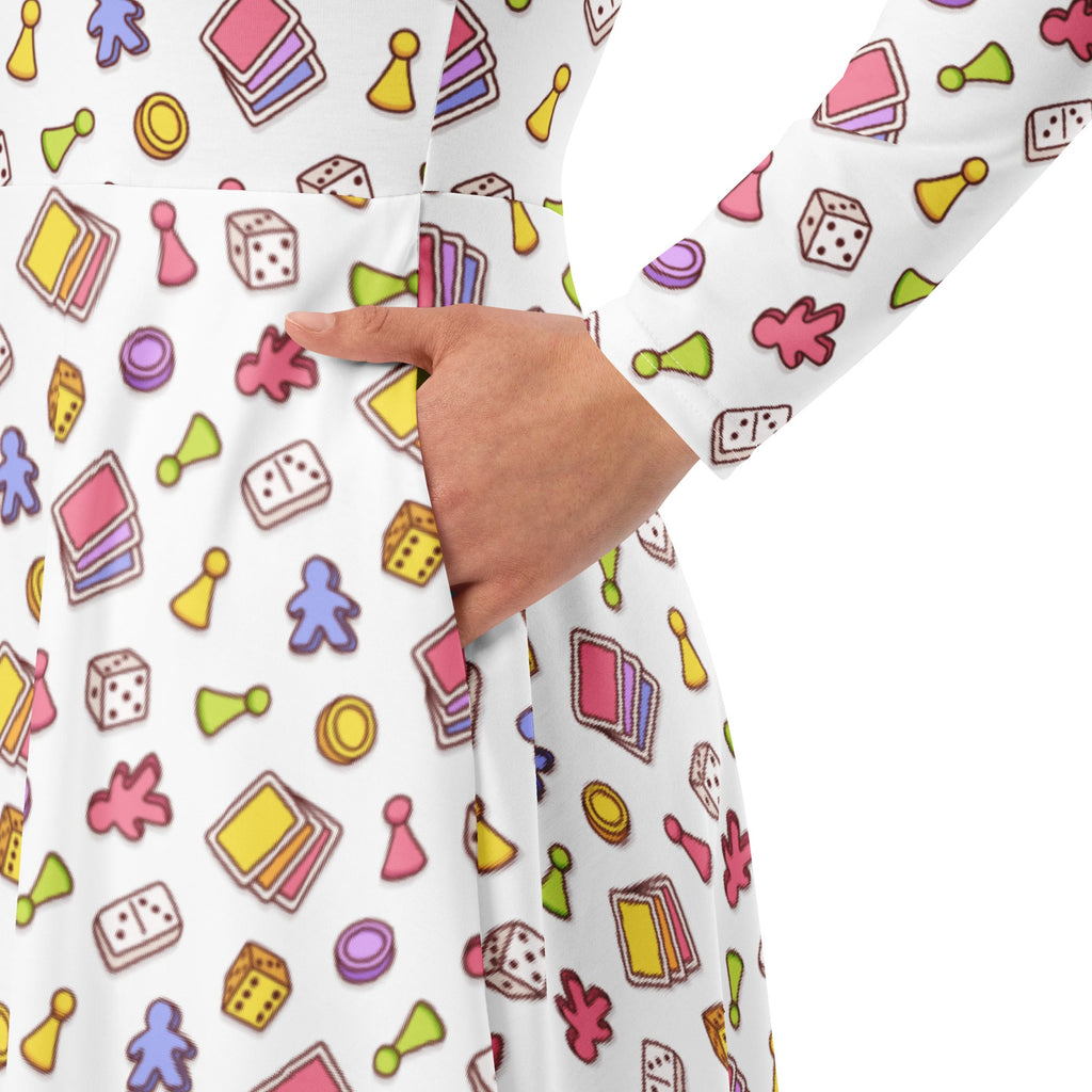 Board Game Objects Meeples White Long Sleeve Midi Dress 6