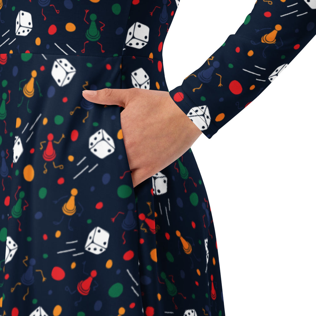 Pawn Party Blue Board Game Long Sleeve Midi Dress 6
