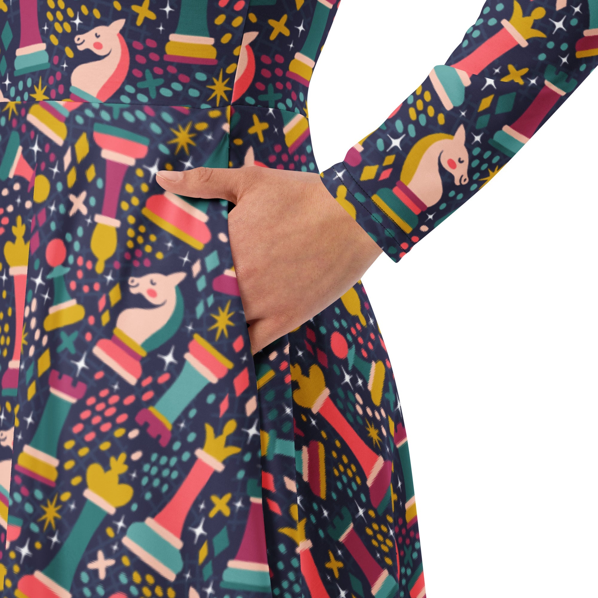 Chess Colorful Chess Pieces Blue Long Sleeve Midi Dress 6