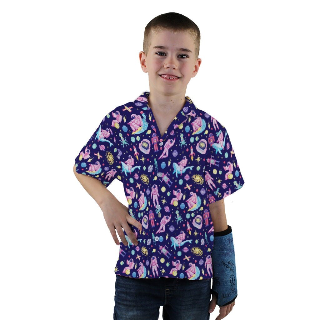 Astronaut Pixels Outer Space Purple Blue Youth Hawaiian Shirt - YXS - -
