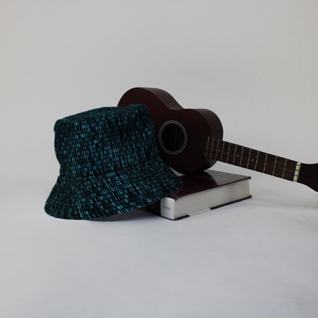 Binary Computer 1s and 0s Teal Black Bucket Hat - M - Black Stitching - -