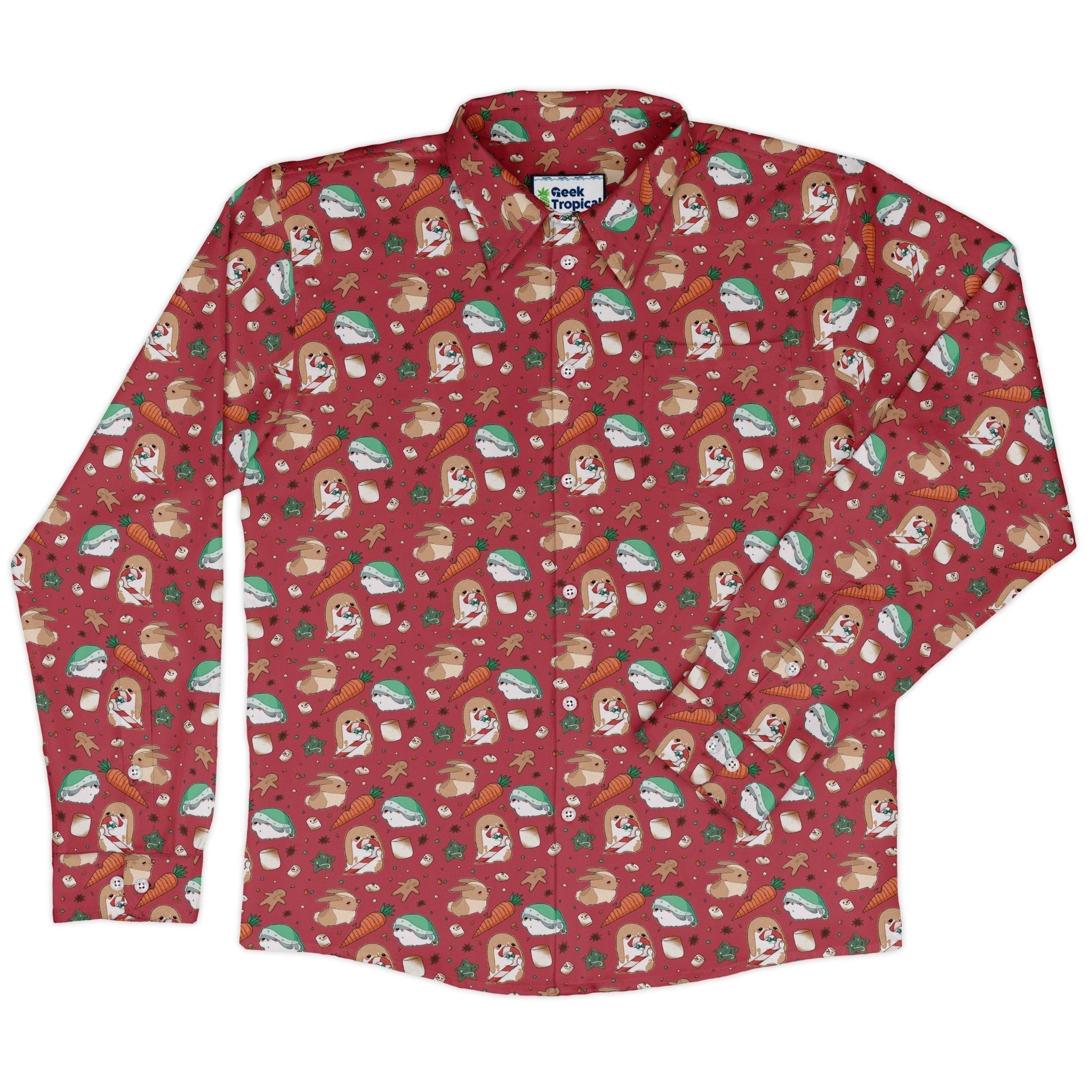 cinnamon anime bunnies Long Sleeve Button Up Shirt Geek Nerd adult sizing Anime Christmas Print