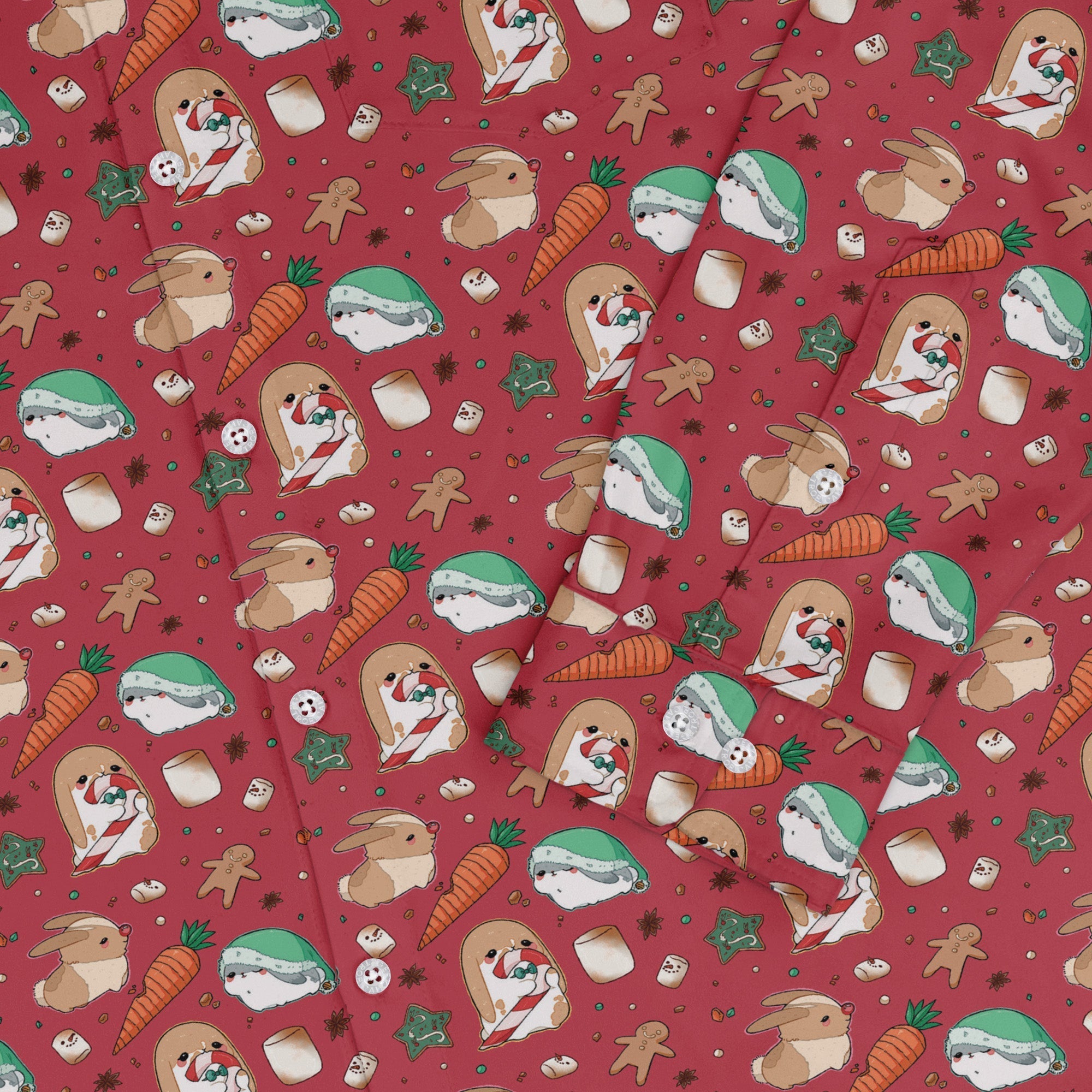 cinnamon anime bunnies Long Sleeve Button Up Shirt Geek Nerd adult sizing Anime Christmas Print
