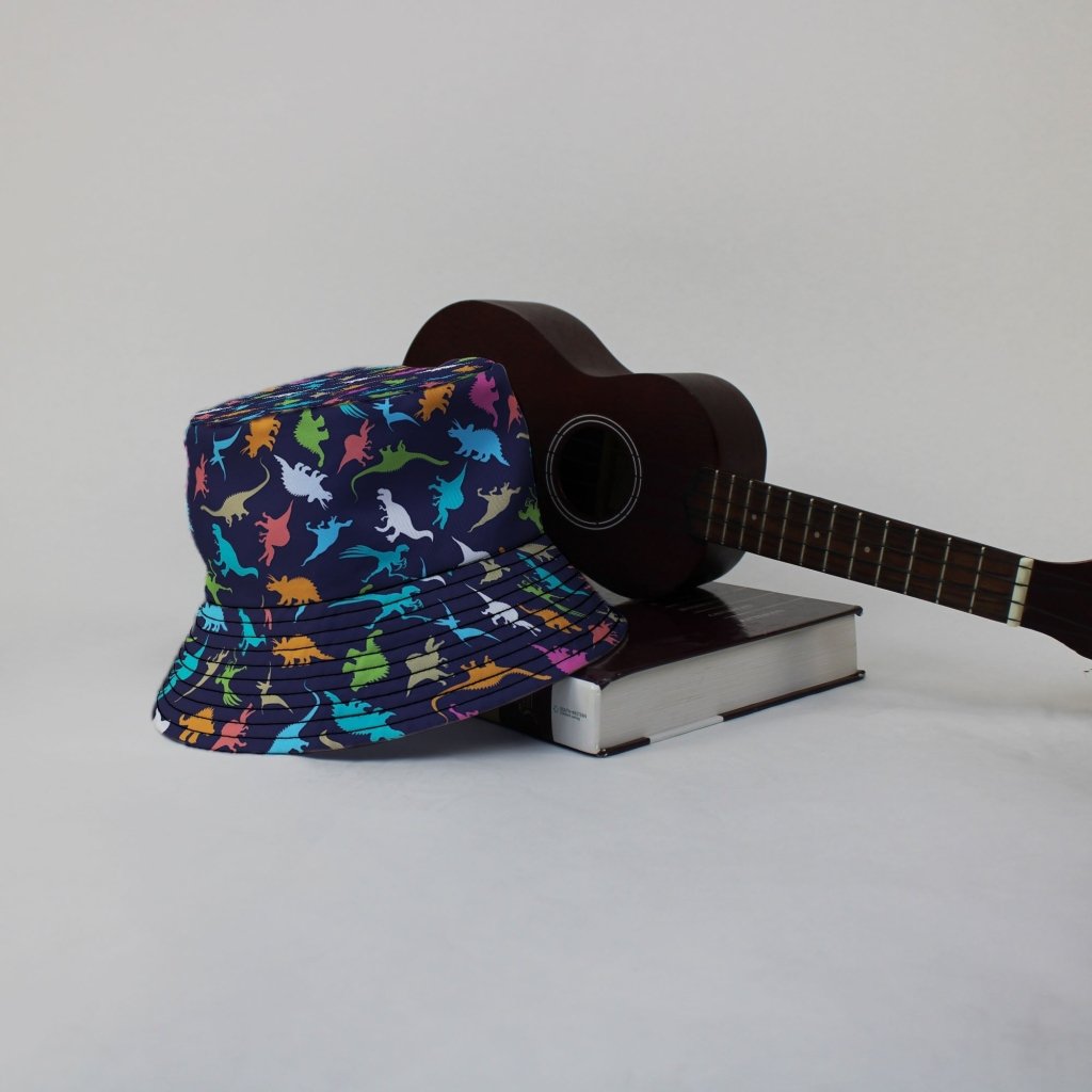 Colorful Dinosaur Silhouettes Navy Bucket Hat - M - Black Stitching - -