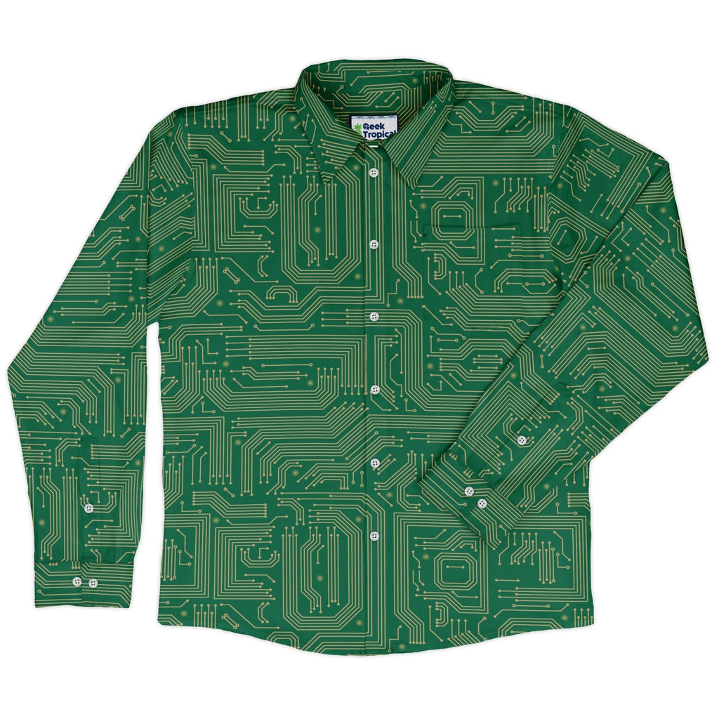 computer circuit board yellow green Long Sleeve Button Up Shirt Geek Nerd 0925 adult sizing All Adult Button Up Shirts