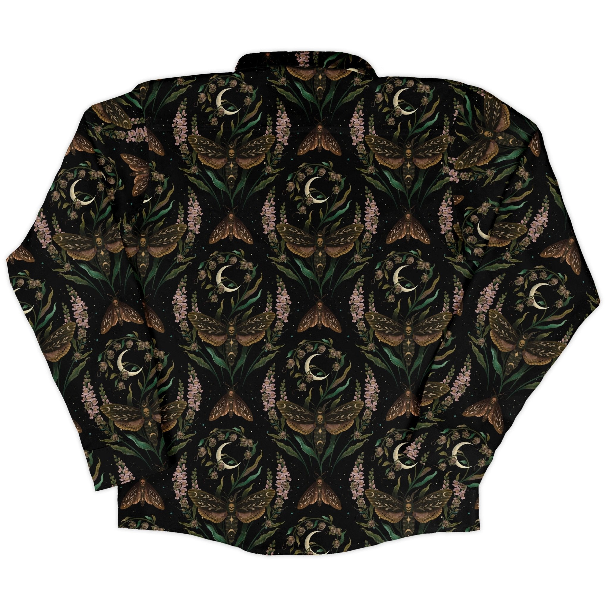 Episodic Death Moth Flow Long Sleeve Button Up Shirt Geek Nerd adult sizing Botany Print Design by Episodic