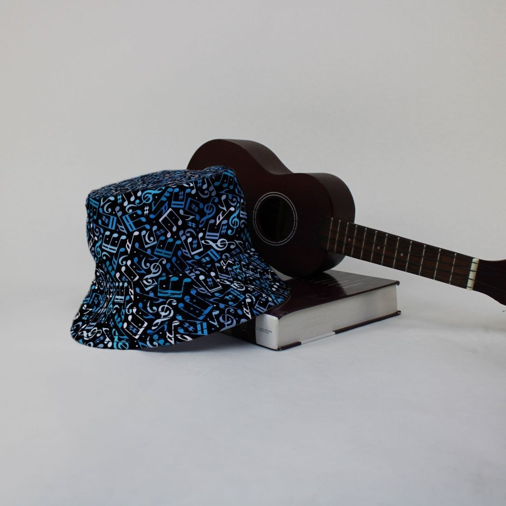 Dotted Blue Musical Notes Black Bucket Hat - M - Black Stitching - -