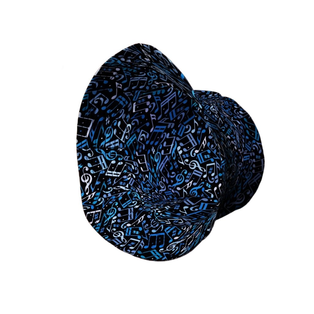 Dotted Blue Musical Notes Black Bucket Hat - M - Black Stitching - -