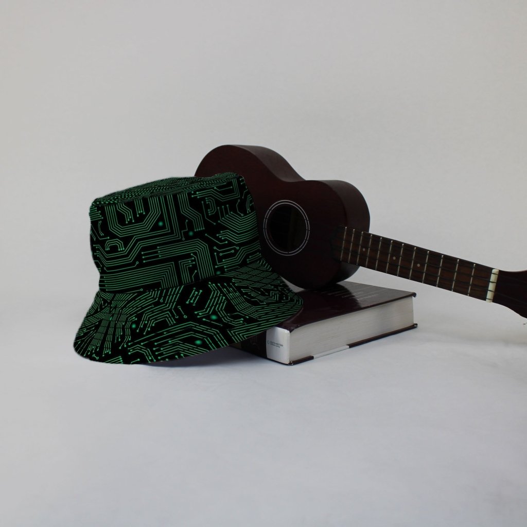 Green Black Computer Circuit Board Bucket Hat - M - Black Stitching - -