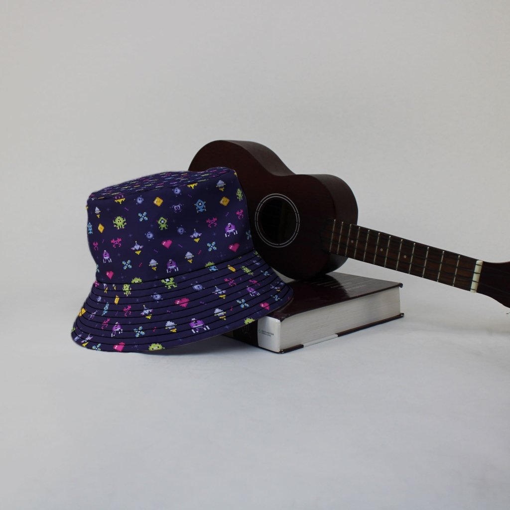 Pixel Art Arcade Video Game Purple Bucket Hat - M - Black Stitching - -