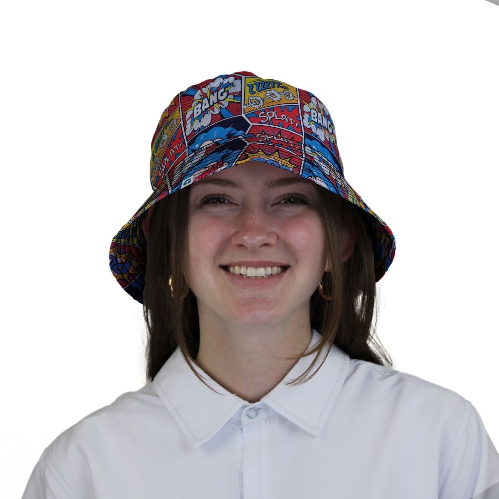 Pop Art Comic Book Red Bucket Hat - M - Grey Stitching - -