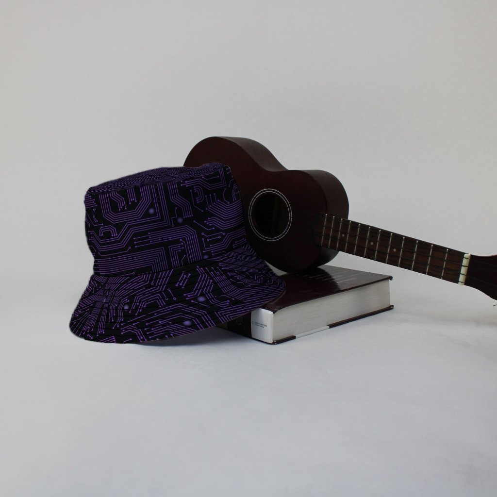 Purple Computer Circuit Board Bucket Hat - M - Black Stitching - -