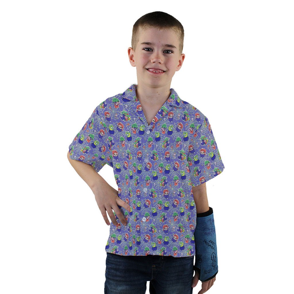 Scary Anime Chibi Stickers Purple Green Youth Hawaiian Shirt - YXS - -
