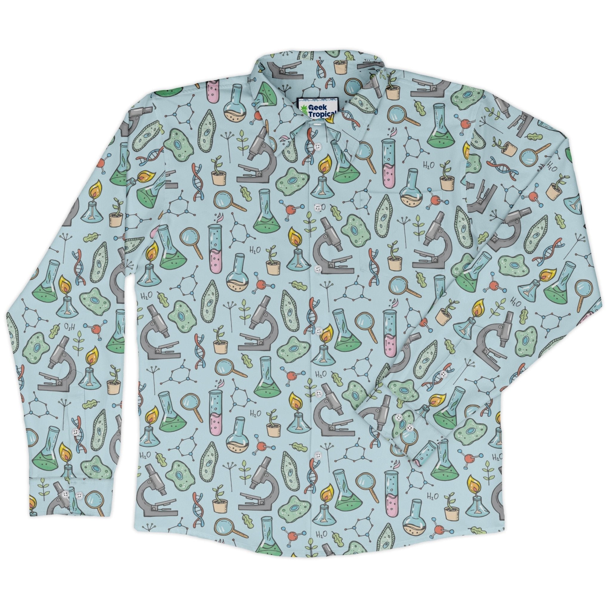 science bioengineer Germanation Sky Blue Long Sleeve Button Up Shirt Geek Nerd adult sizing FLOW DESC WRITING lifestyle photo