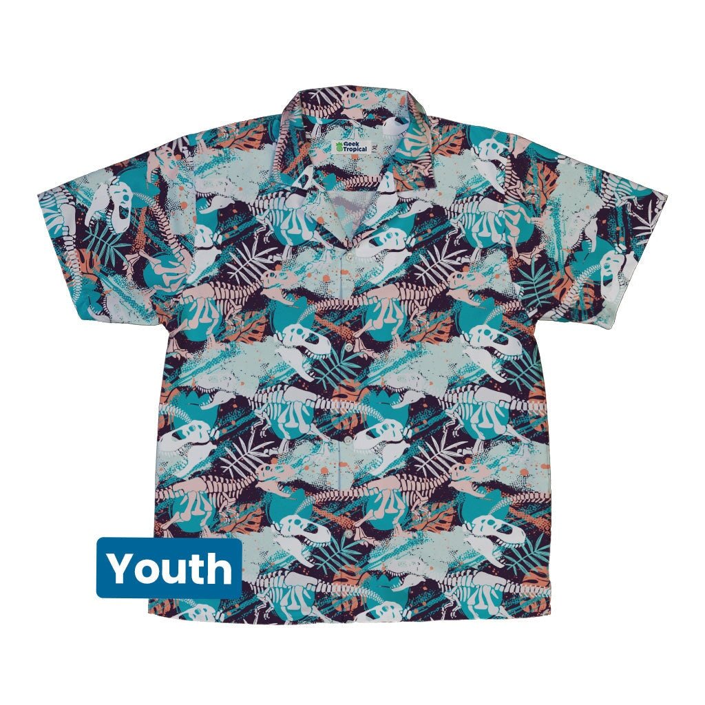 T Rex Bones Footprints Green Dinosaur Youth Hawaiian Shirt - YXS - -