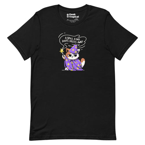 A Spell a Day Keeps Idiots Away Wizard Cat T-Shirt Geek Nerd Animal Patterns Design by Tobe Fonseca dnd & rpg print