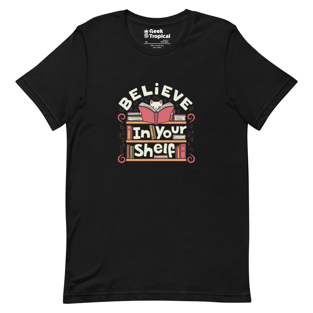 Believe in Your Shelf Cat T-Shirt Geek Nerd Animal Patterns Book Prints Design by Tobe Fonseca
