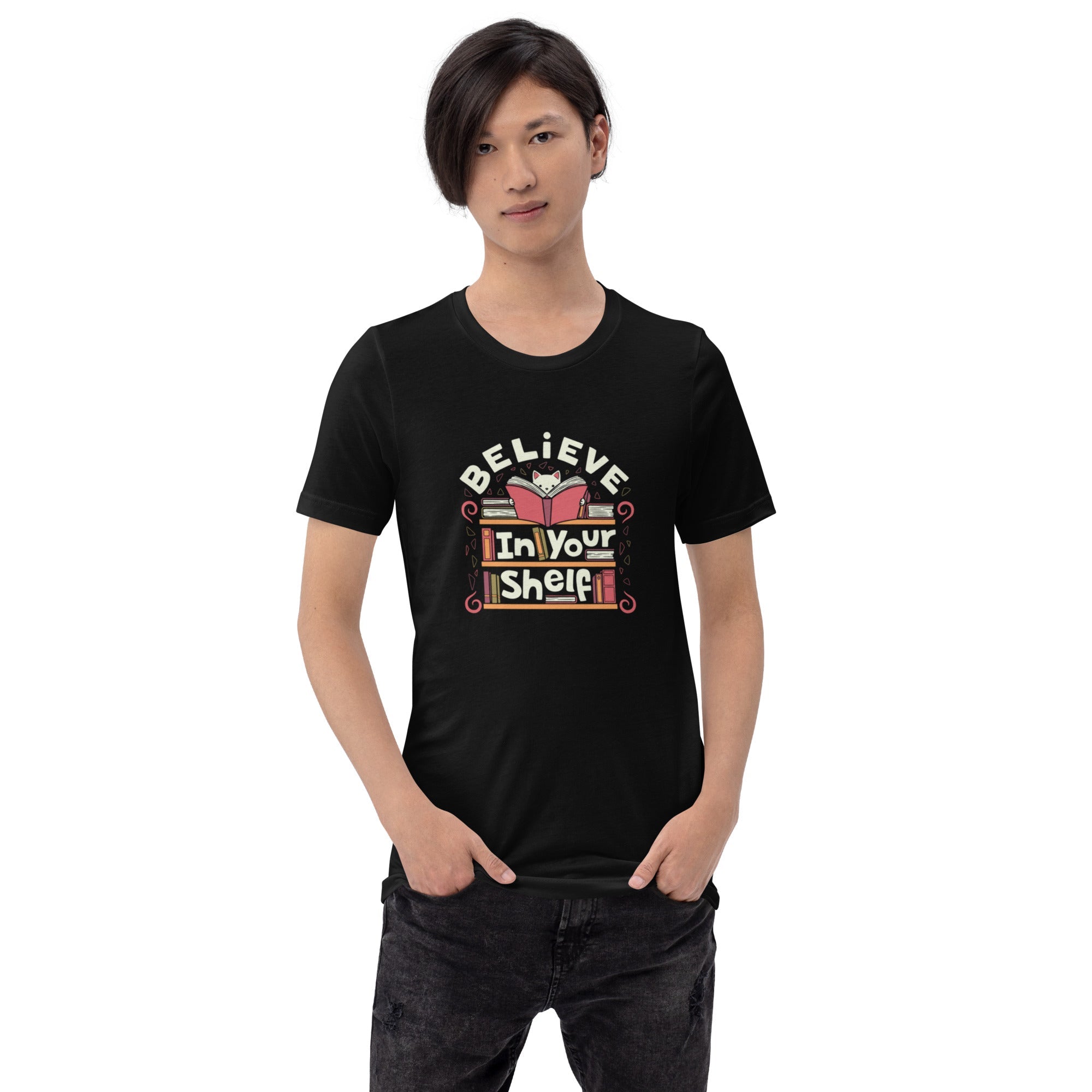 Believe in Your Shelf Cat T-Shirt Geek Nerd Animal Patterns Book Prints Design by Tobe Fonseca